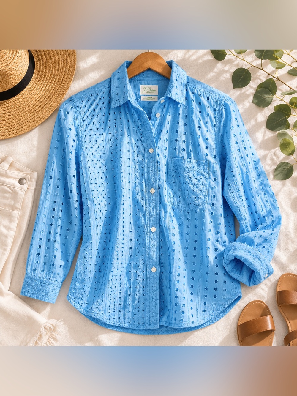 J.Crew Classic Blue Eyelet Button Down Shirt Size Sm Cotton Beach Cover Up Top